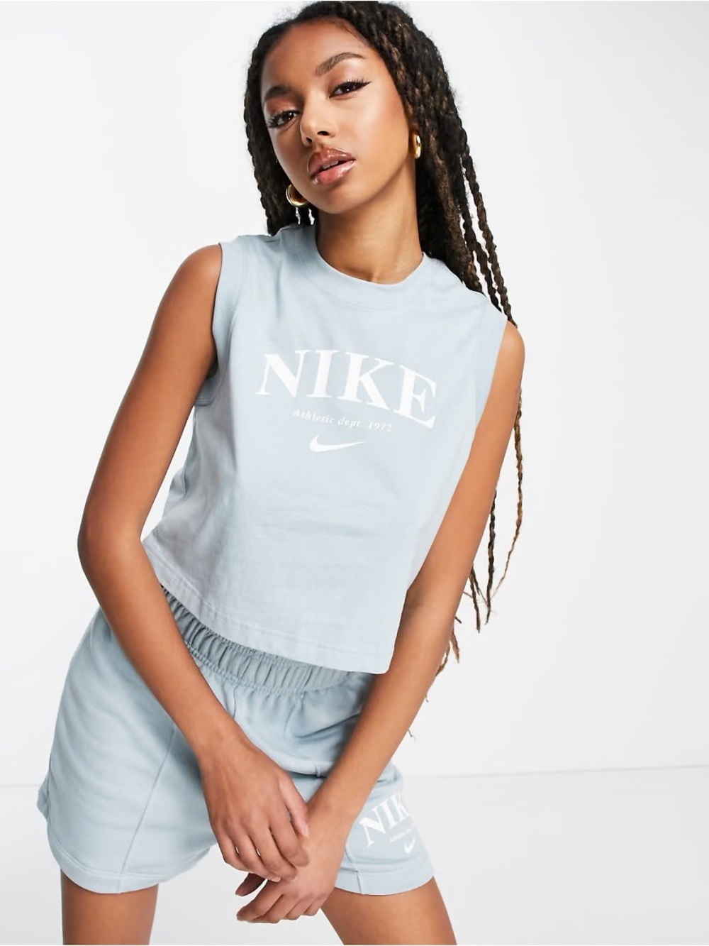 Nike Women's Pale Blue Sleeveless Crop Tank with White Logo